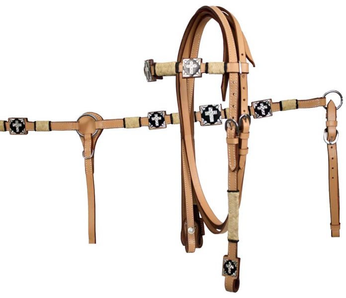 Light Oil Square Cross Concho Bridle Breastcollar and Reins Set NEW