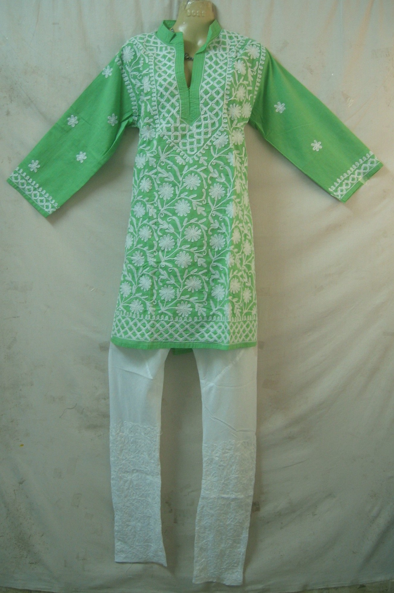 Green White Lucknowi Churidar Pure Cotton Salwar Kameez  