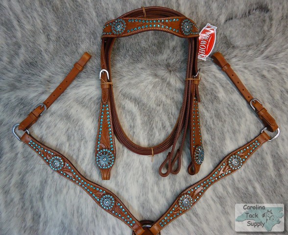 ... Rhinestone Medium Oil Bridle,Breastcollar  Reins Set NEW Horse Tack
