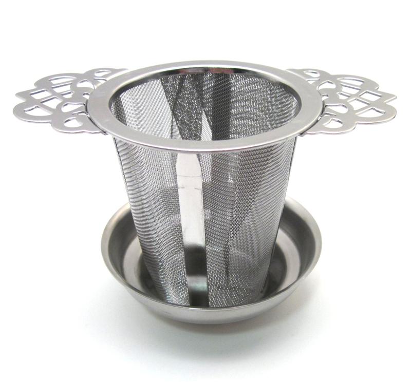 STAINLESS STEEL MESH CONE TEA STRAINER & DRIP BOWL TWO HANDLES NEW