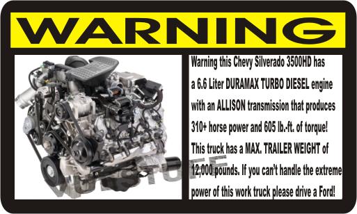 Chevy Silverado 3500HD DURAMAX Warning Decal 20012002200320042005